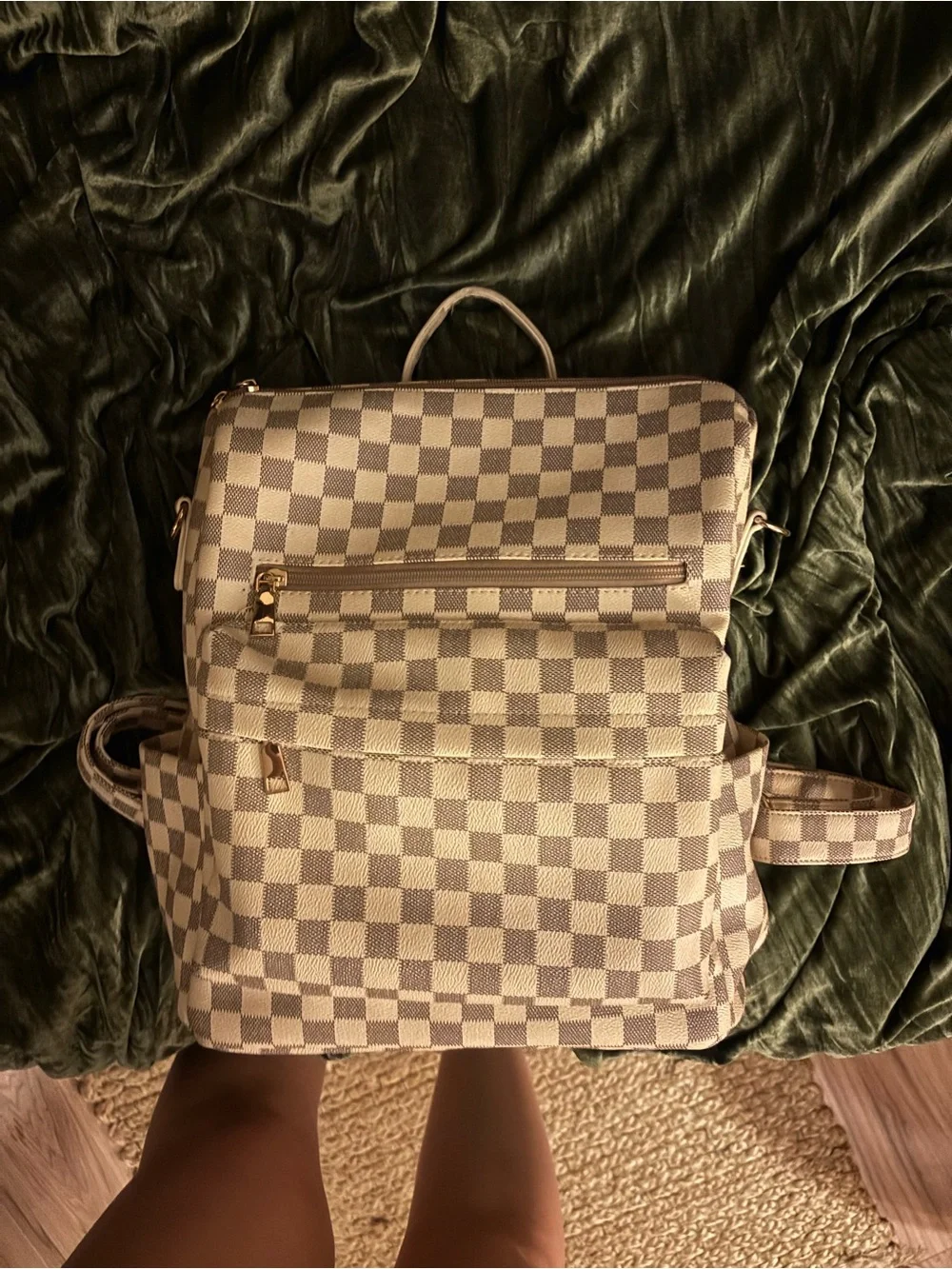 Checkered Cream and Brown Women’s Backpack Purse